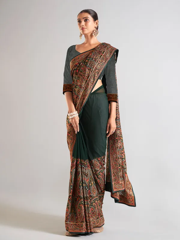 Latest bottle green georgette saree