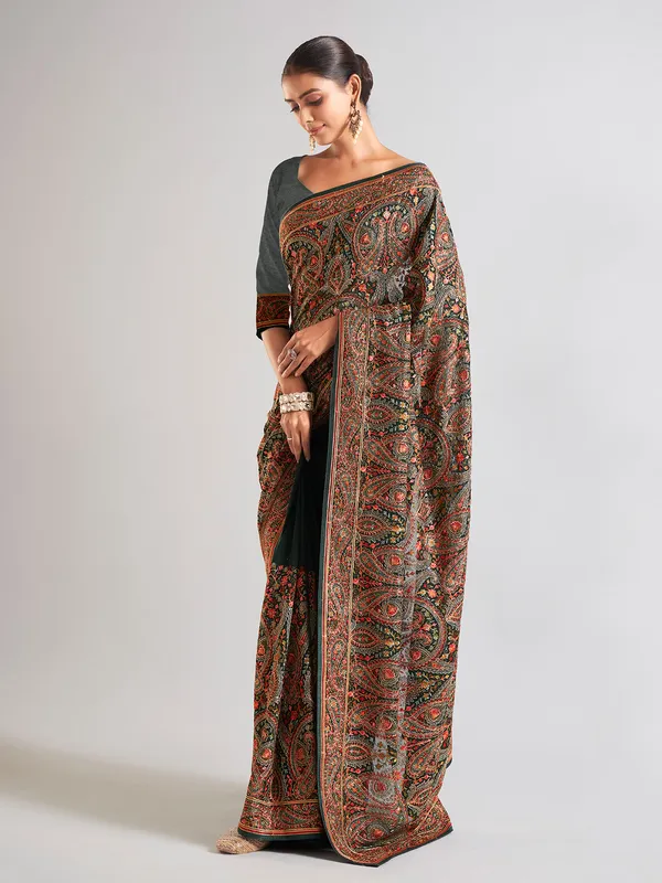 Latest bottle green georgette saree