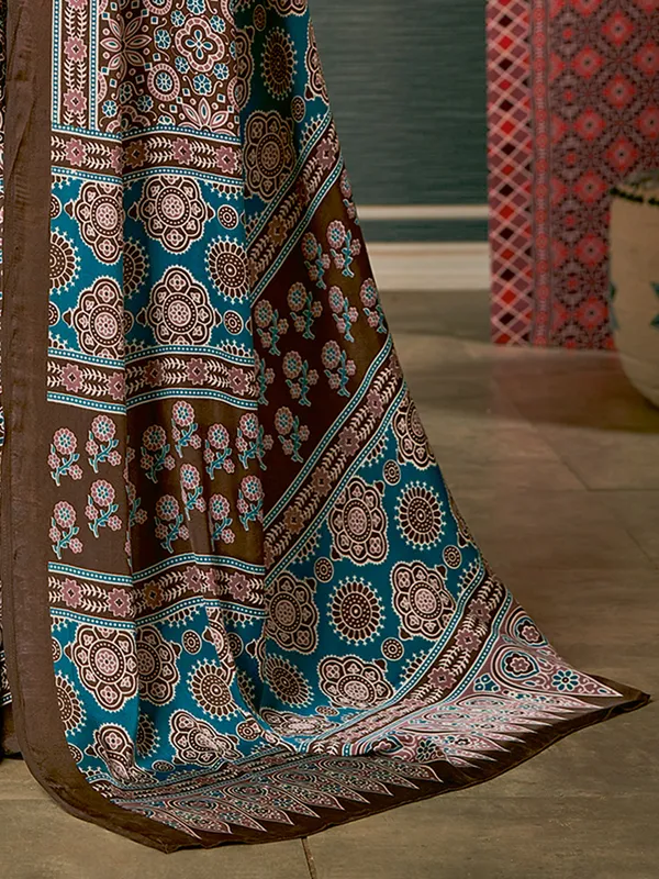 Latest brown printed crepe saree