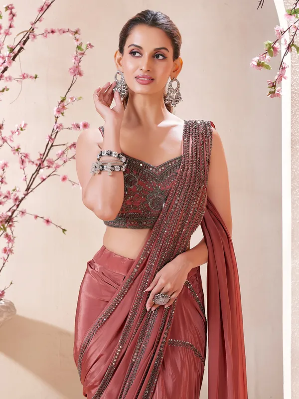 Latest brown satin ready to wear saree