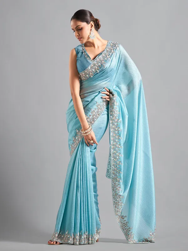 Latest chiffon saree in sky blue