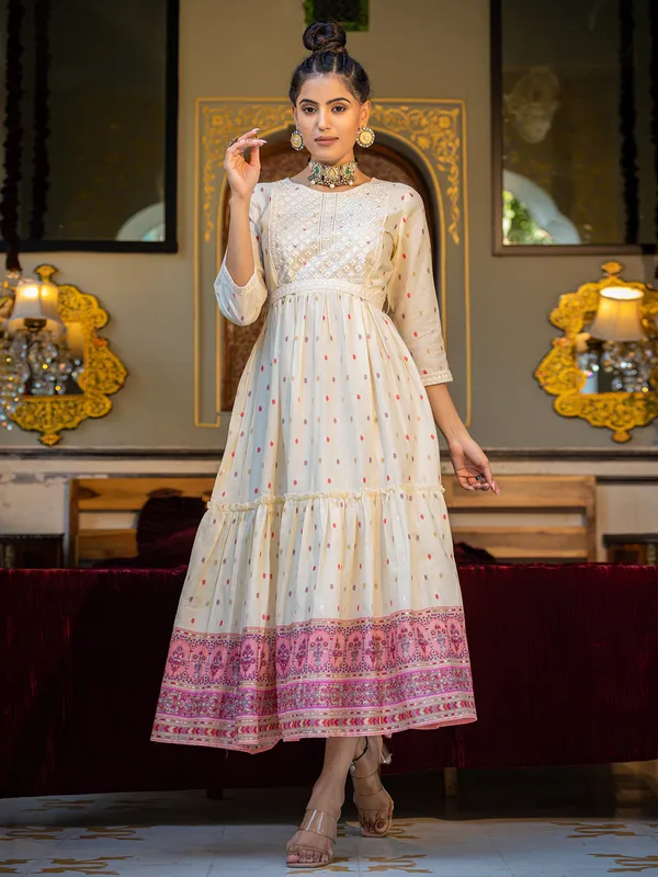 Latest cotton cream printed long kurti