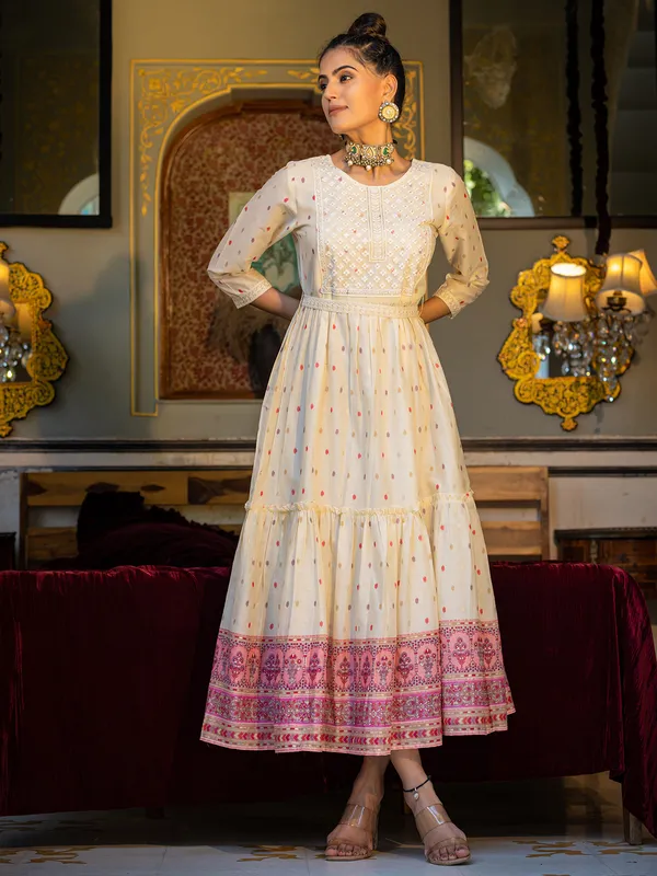 Latest cotton cream printed long kurti