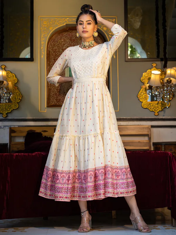 Latest cotton cream printed long kurti