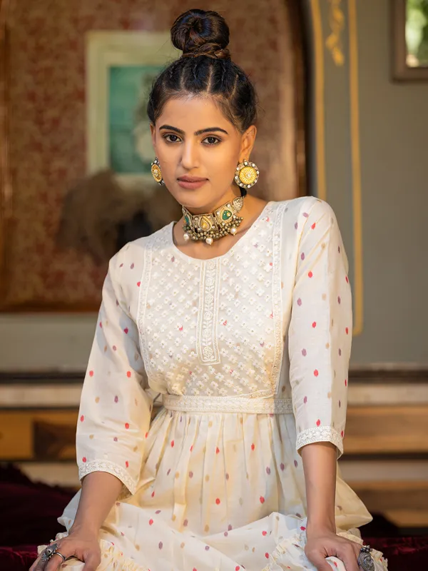 Latest cotton cream printed long kurti