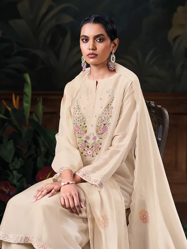 Latest cream embroidery silk palazzo suit