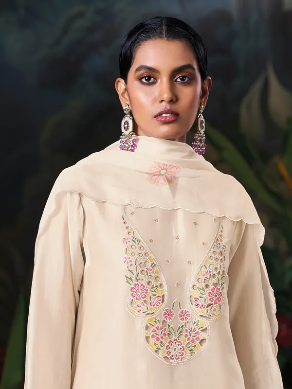 Latest cream embroidery silk palazzo suit