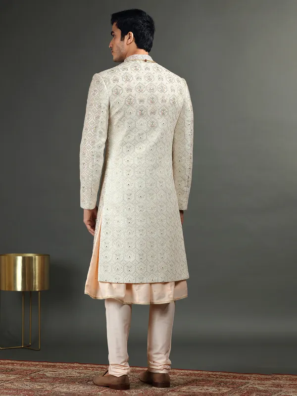 Latest cream groom sherwani in silk