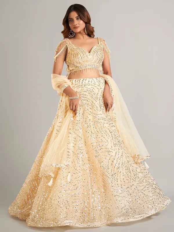 Latest cream net lehenga choli for wedding