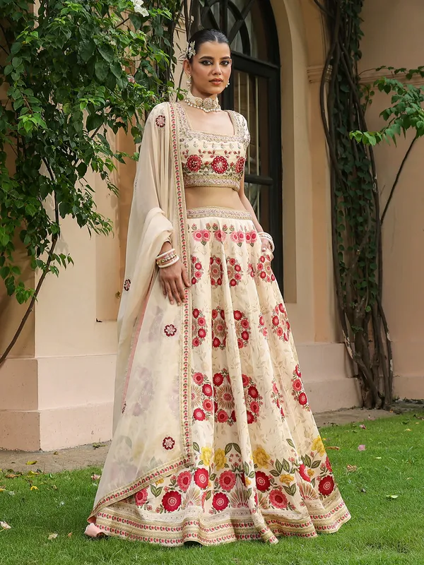 Latest cream printed lehenga choli