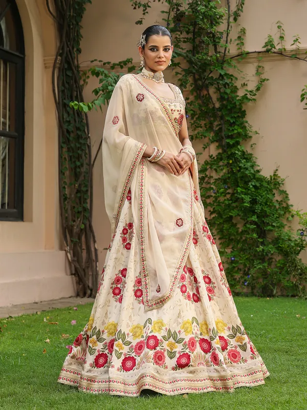 Latest cream printed lehenga choli