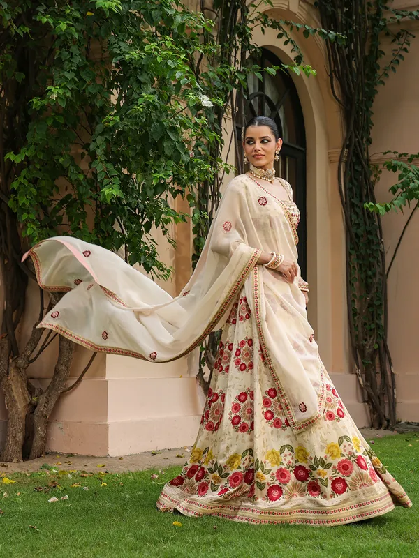 Latest cream printed lehenga choli