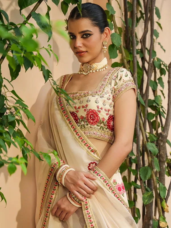 Latest cream printed lehenga choli