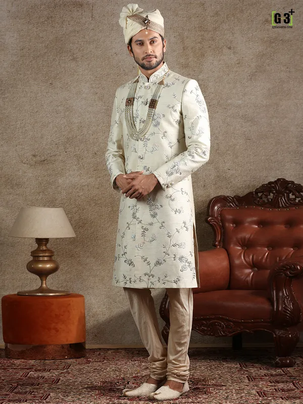 Latest cream raw silk fabric sherwani for wedding