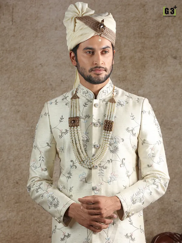 Latest cream raw silk fabric sherwani for wedding