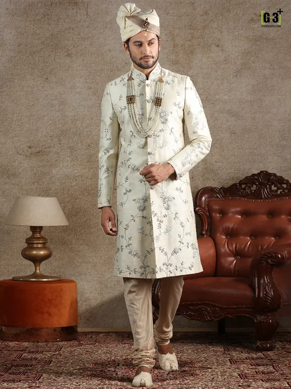 Latest cream raw silk fabric sherwani for wedding