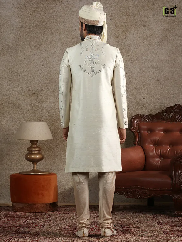 Latest cream raw silk fabric sherwani for wedding