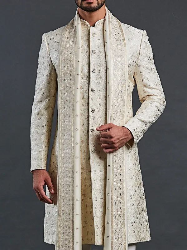 Latest cream raw silk sherwani for men