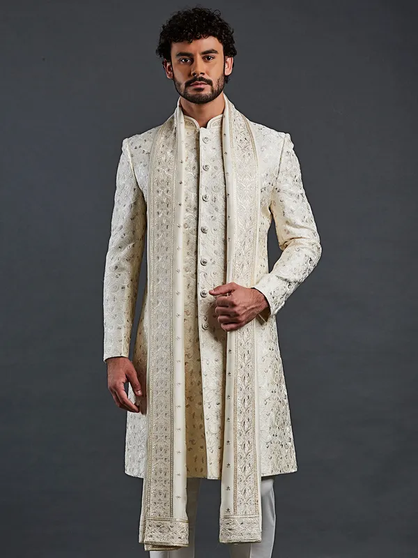 Latest cream raw silk sherwani for men