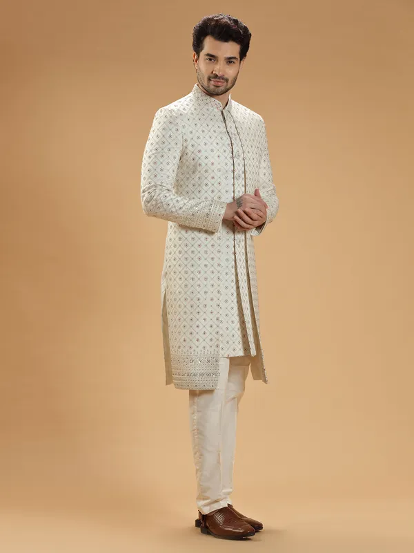 Latest cream silk groom shewani