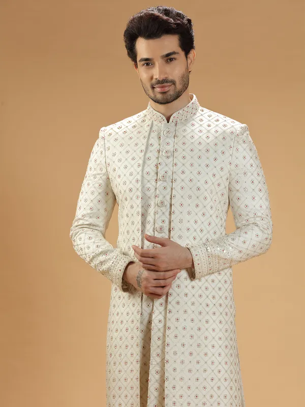 Latest cream silk groom shewani