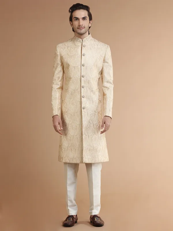 Latest cream silk sherwani with embroidery