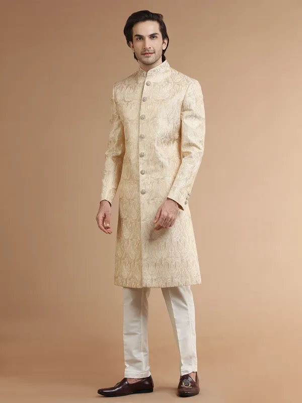 Latest cream silk sherwani with embroidery