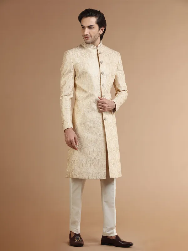 Latest cream silk sherwani with embroidery