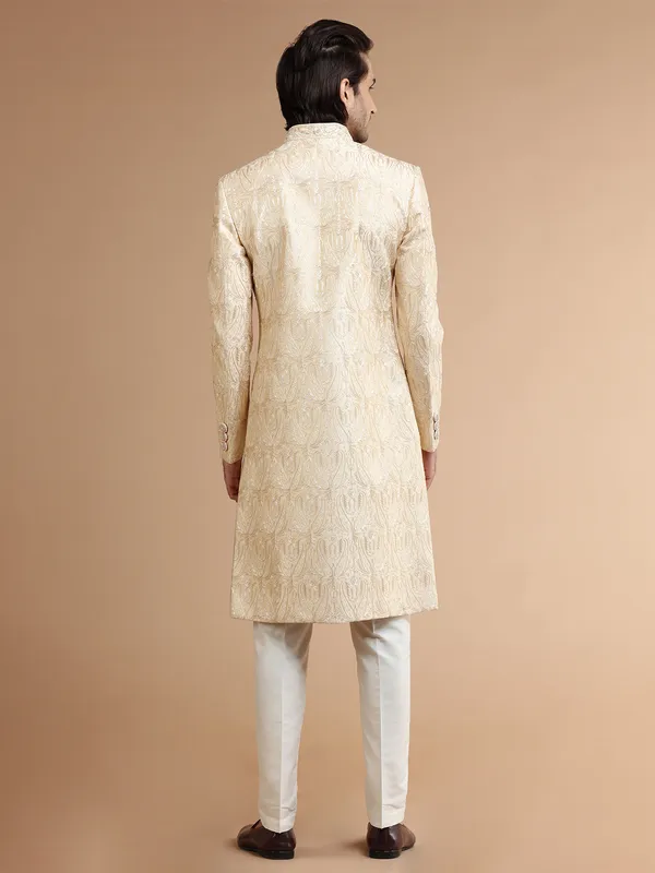 Latest cream silk sherwani with embroidery