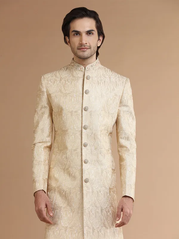 Latest cream silk sherwani with embroidery