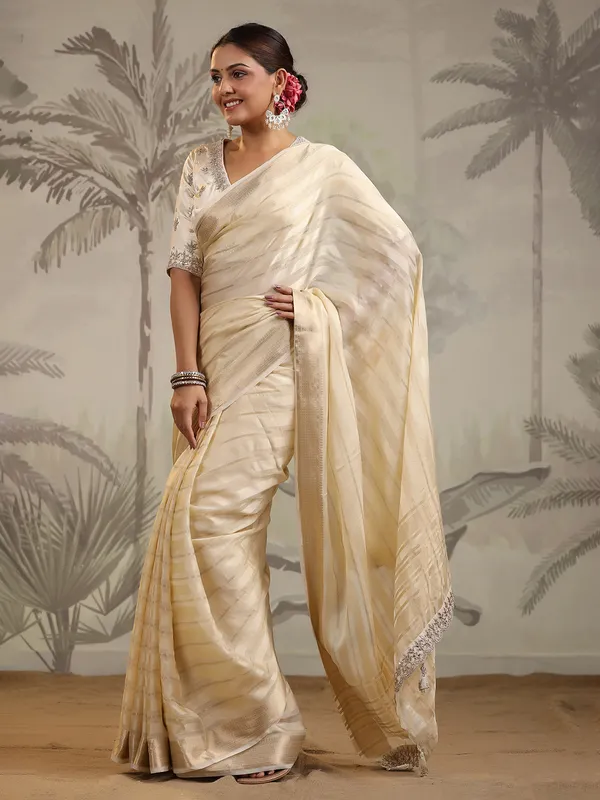 Latest cream soft organza saree