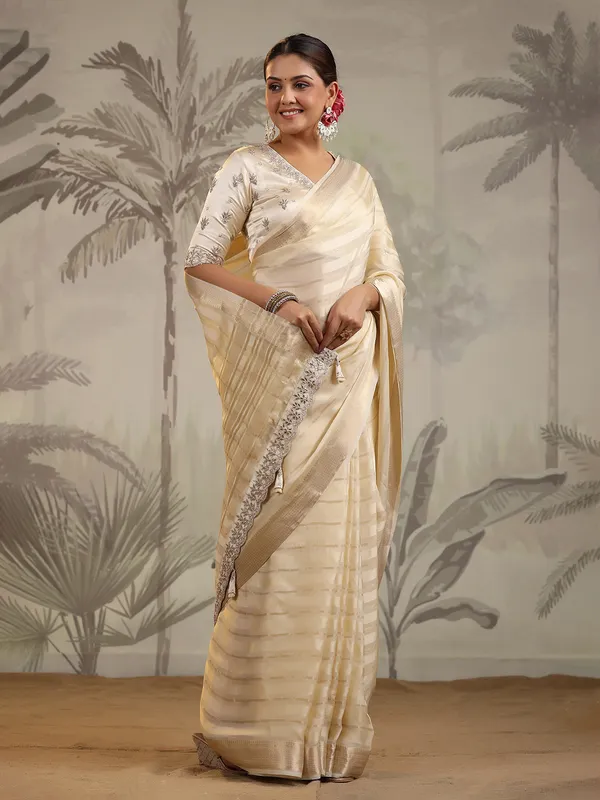 Latest cream soft organza saree