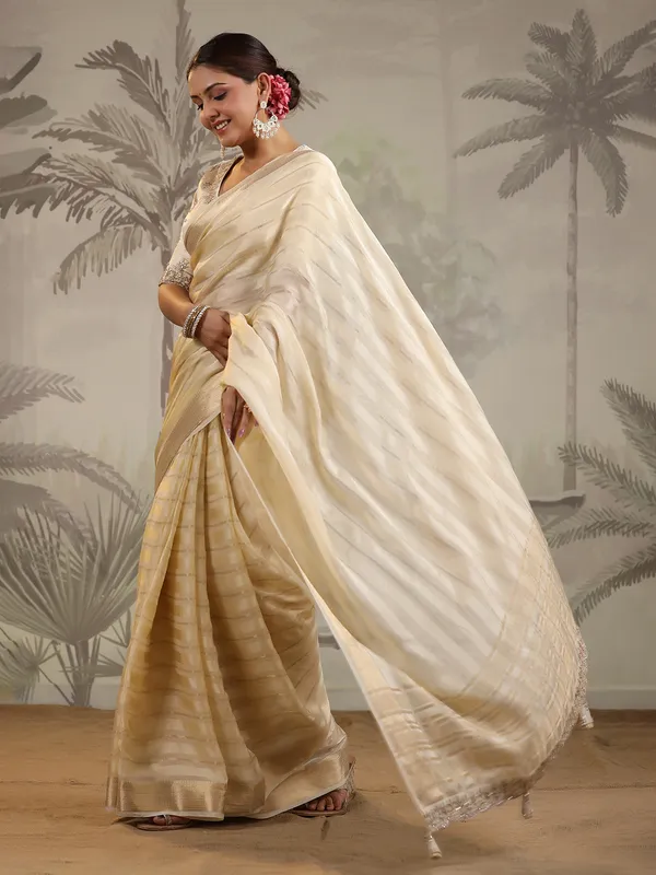 Latest cream soft organza saree