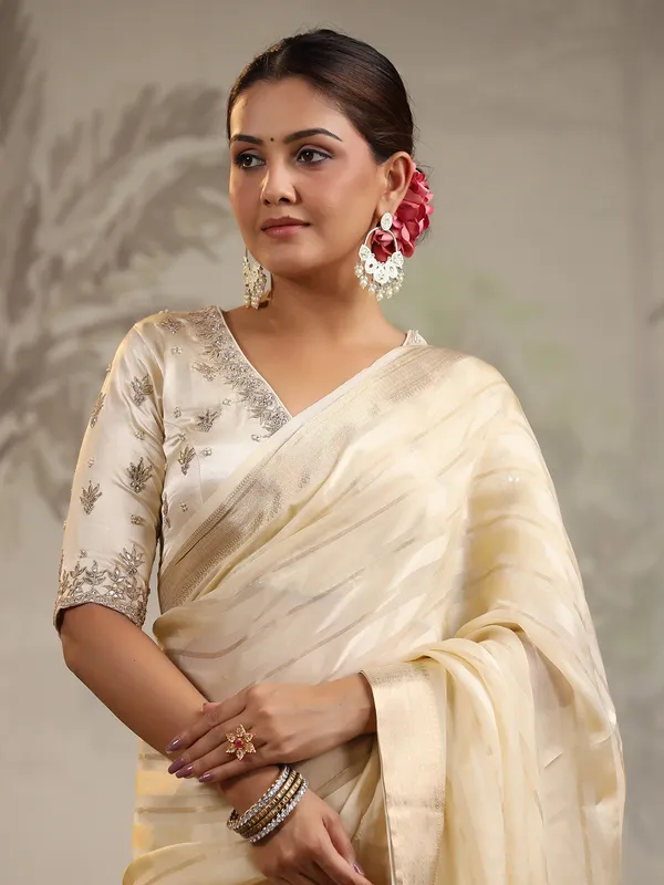Latest cream soft organza saree