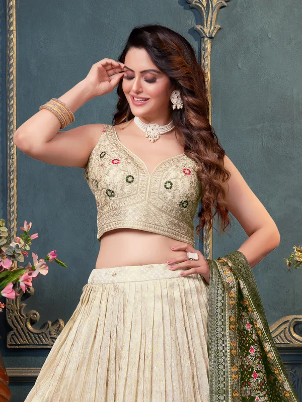 Latest cream wedding lehenga choli in silk