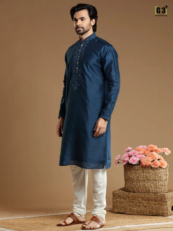 Latest dark blue kurta suit in silk fabric
