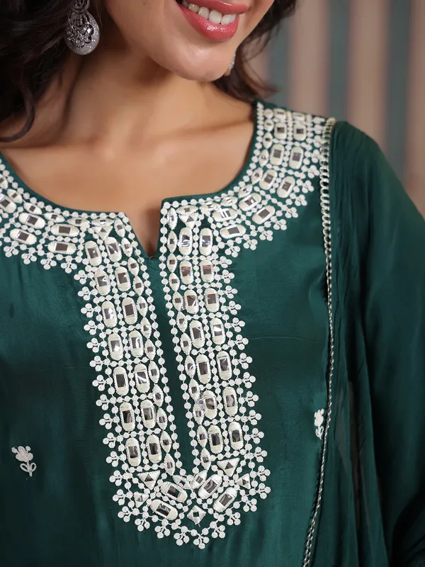 Latest dark green silk kurti set