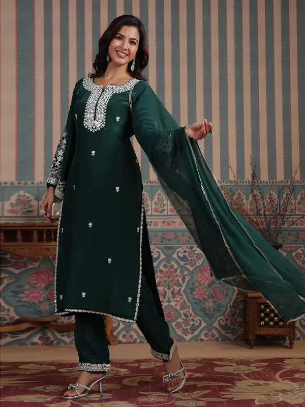 Latest dark green silk kurti set