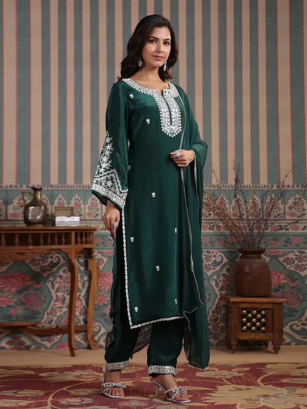 Latest dark green silk kurti set