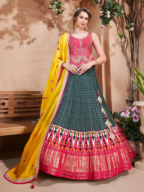 Latest dark green silk printed lehenga choli