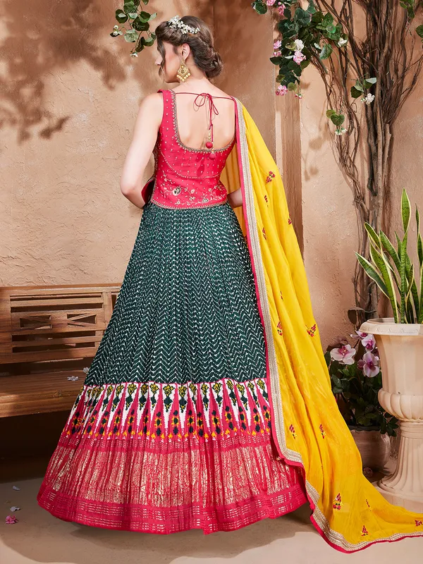 Latest dark green silk printed lehenga choli
