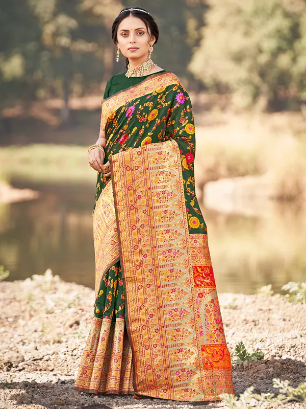 Latest dark green silk saree