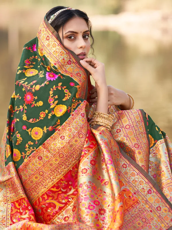 Latest dark green silk saree