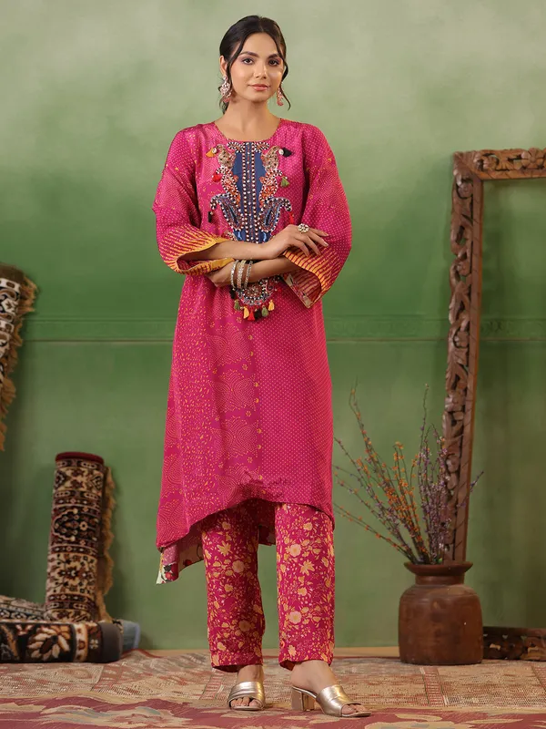 Latest dark pink silk printed kurti with pant