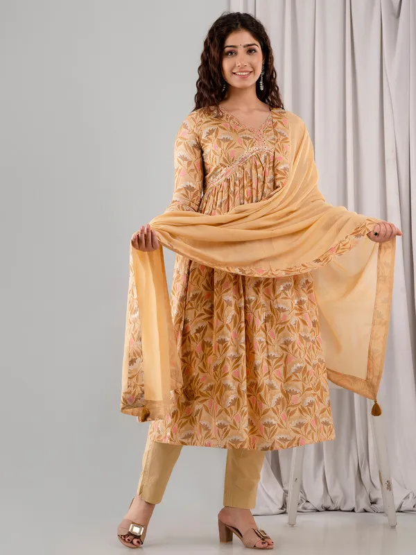 Latest dusty yellow cotton printed kurti set
