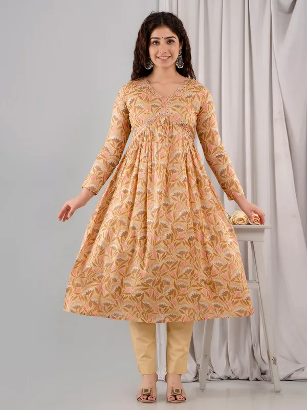 Latest dusty yellow cotton printed kurti set
