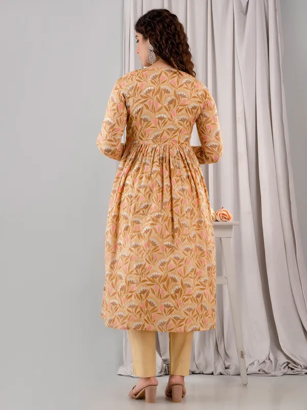 Latest dusty yellow cotton printed kurti set