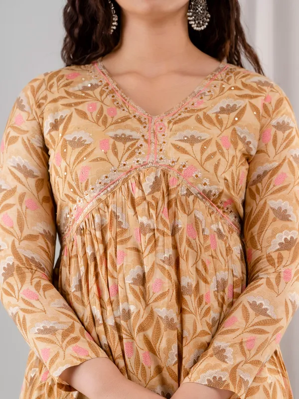 Latest dusty yellow cotton printed kurti set