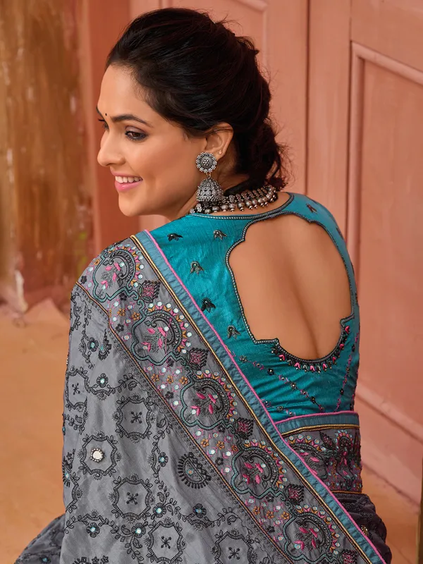 Latest grey banarasi silk saree