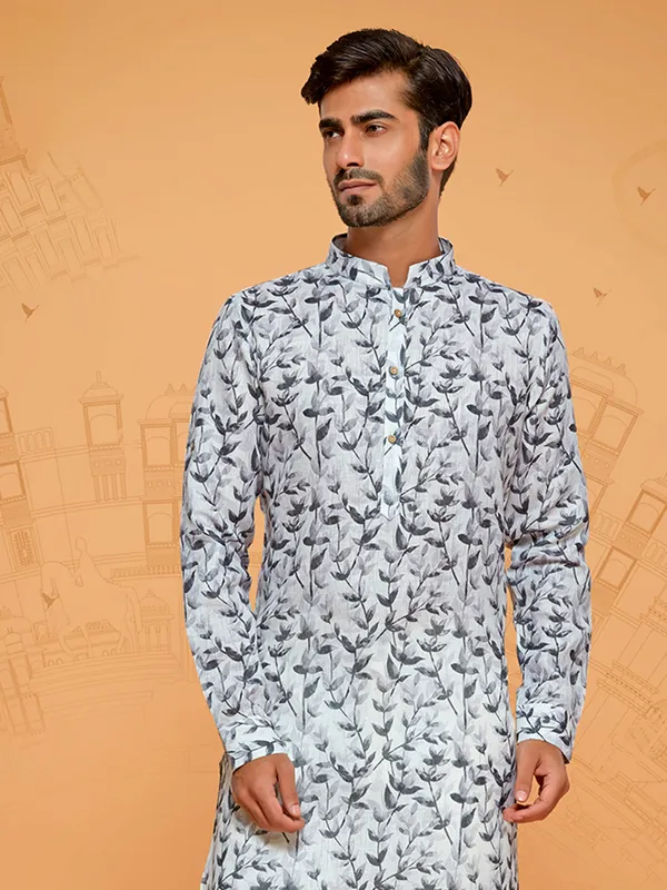 Latest grey cotton printed kurta suit for men